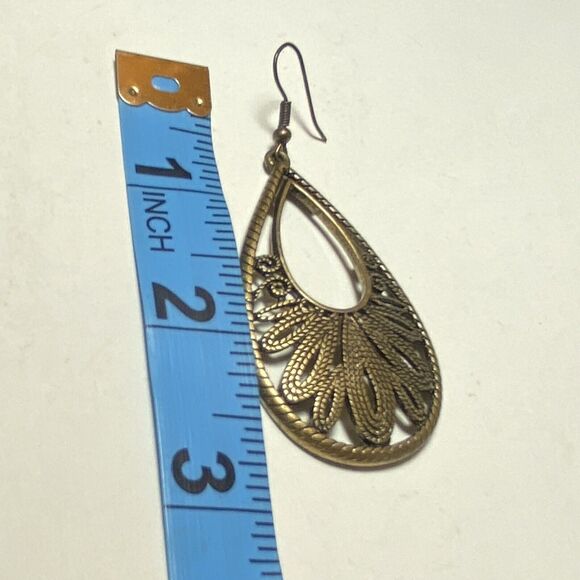 Gold Filigree Pierced Dangle Earrings GF 3 Inches - Picture 4 of 5